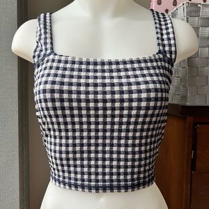Aerie Navy and White Gingham Longline Sports Bra Tank Top